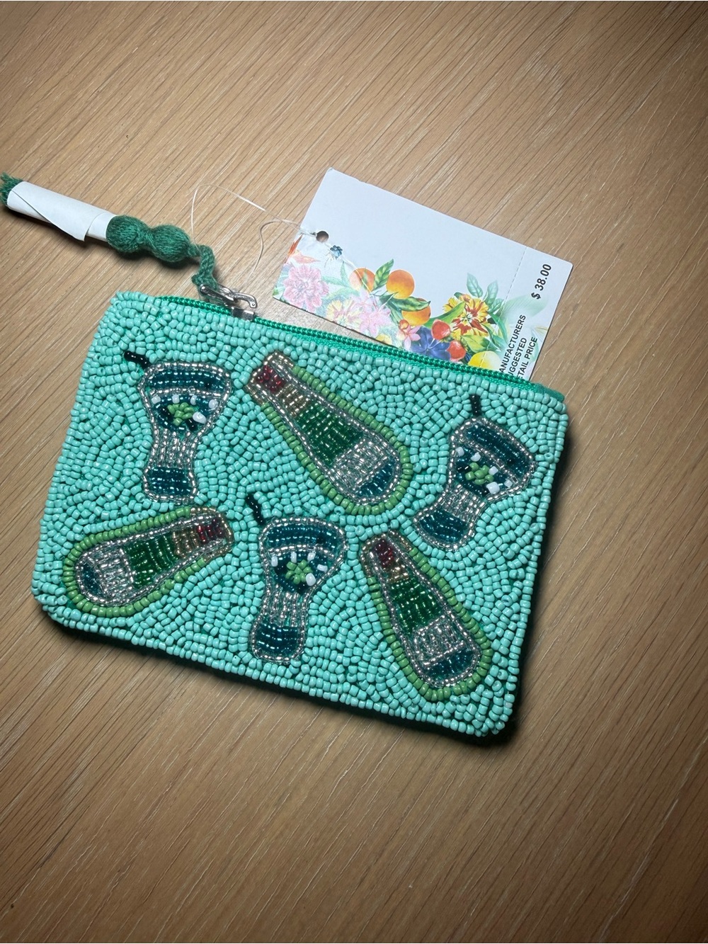 Beaded Aqua Cocktail Motif Wristlet Clutch
